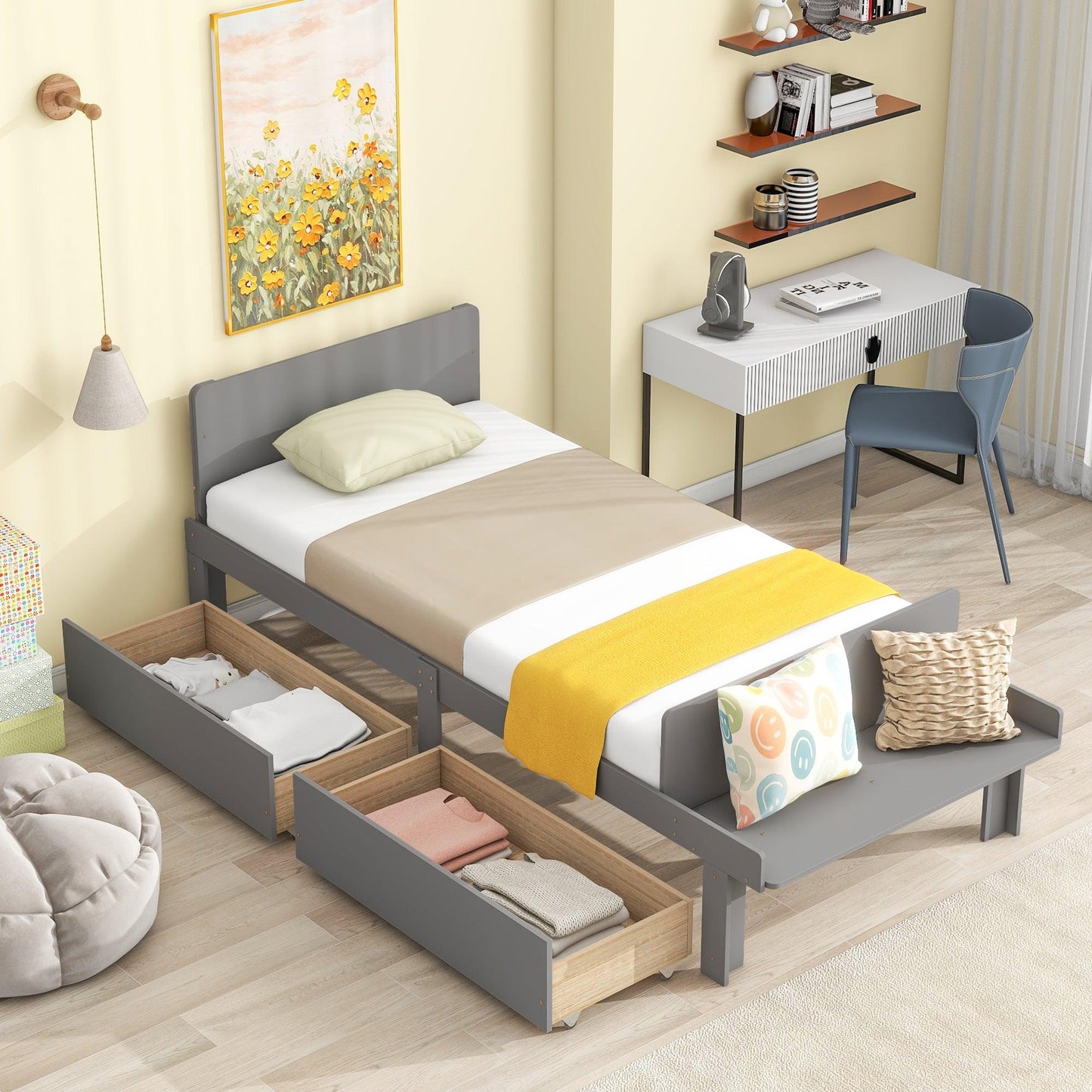 Twin Bed with Footboard Bench 2 drawers Grey - FurniFindUSA