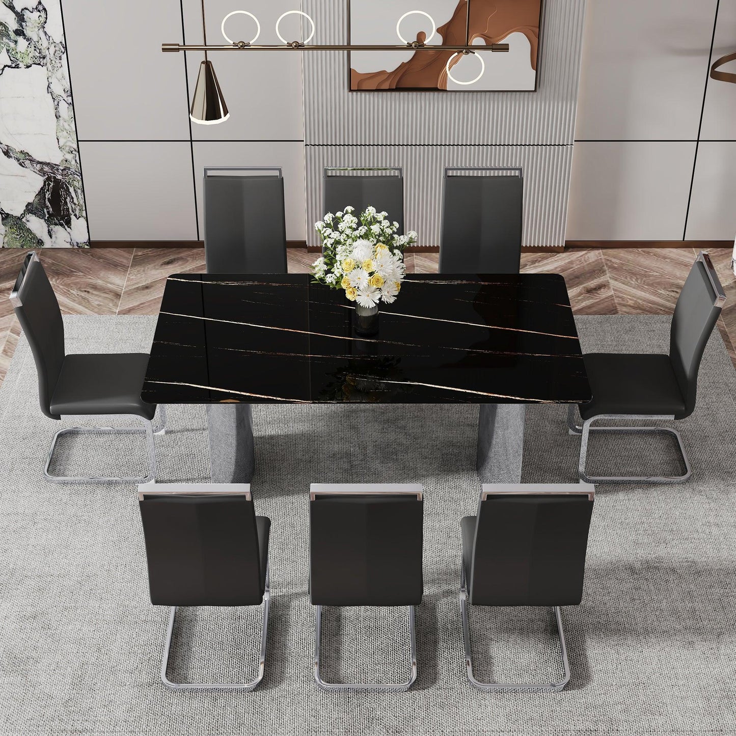 Modern minimalist dining table The black imitation marble glass desktop is equipped with silver metal legs - FurniFindUSA