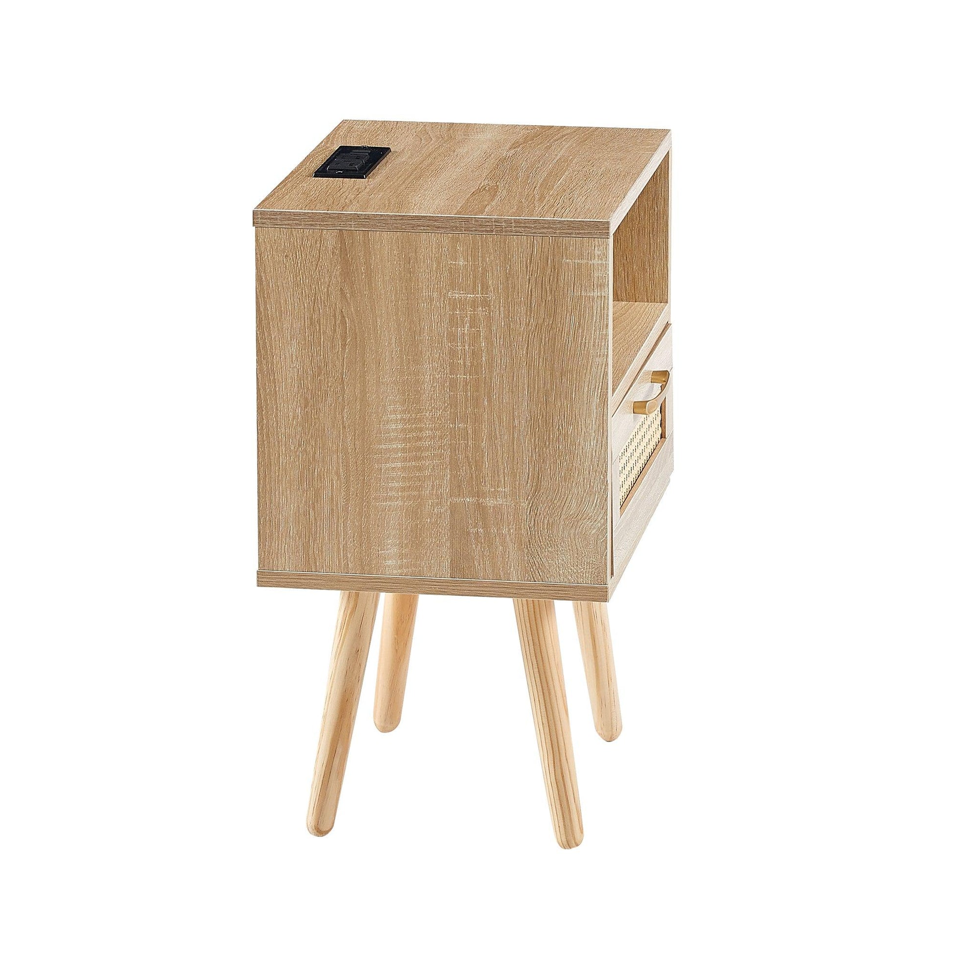 15.75" Rattan End table with Power Outlet & USB Ports Modern nightstand with drawer and solid wood legs - FurniFindUSA