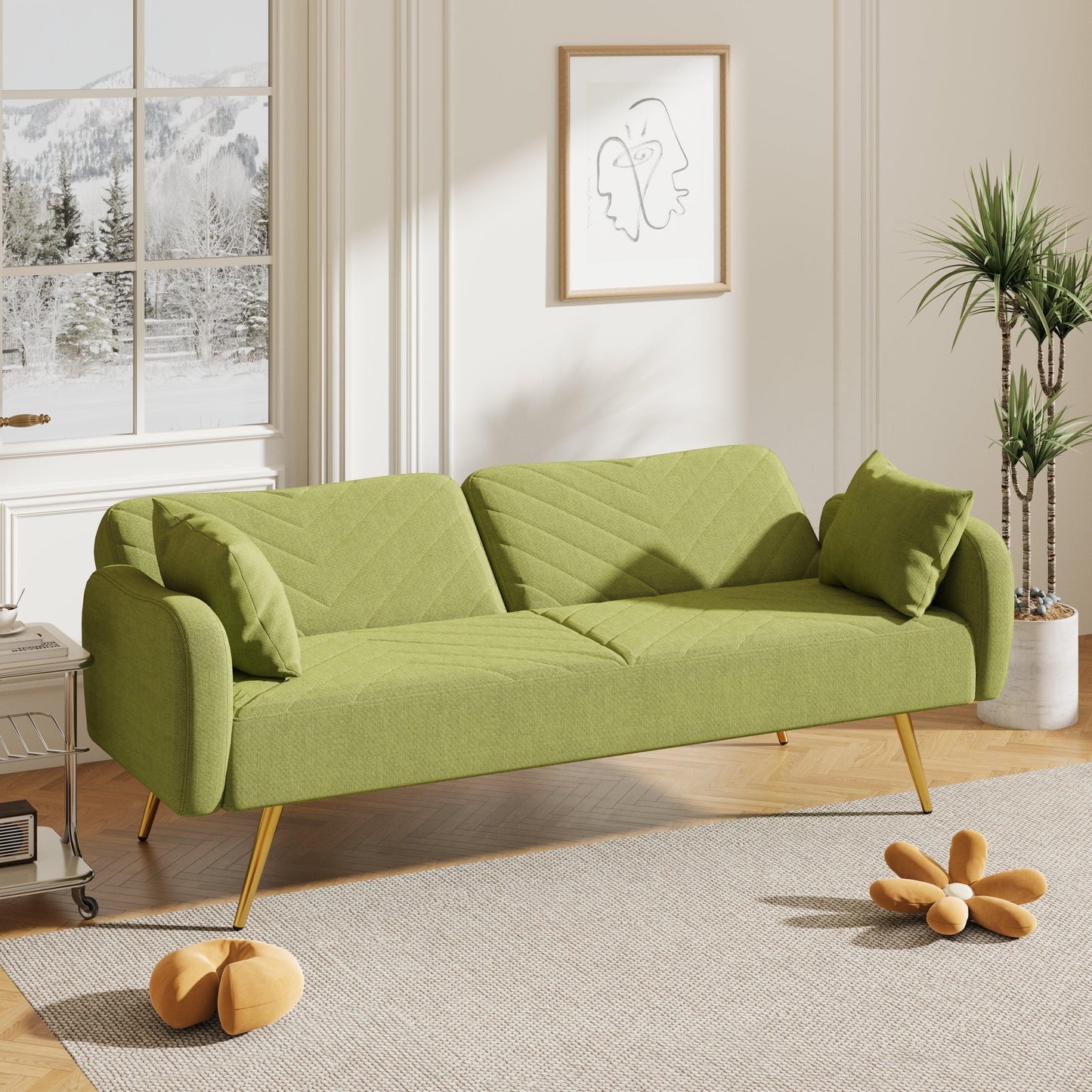 70.47" Green Fabric Double Sofa with Split Backrest and Two Throw Pillows - FurniFindUSA