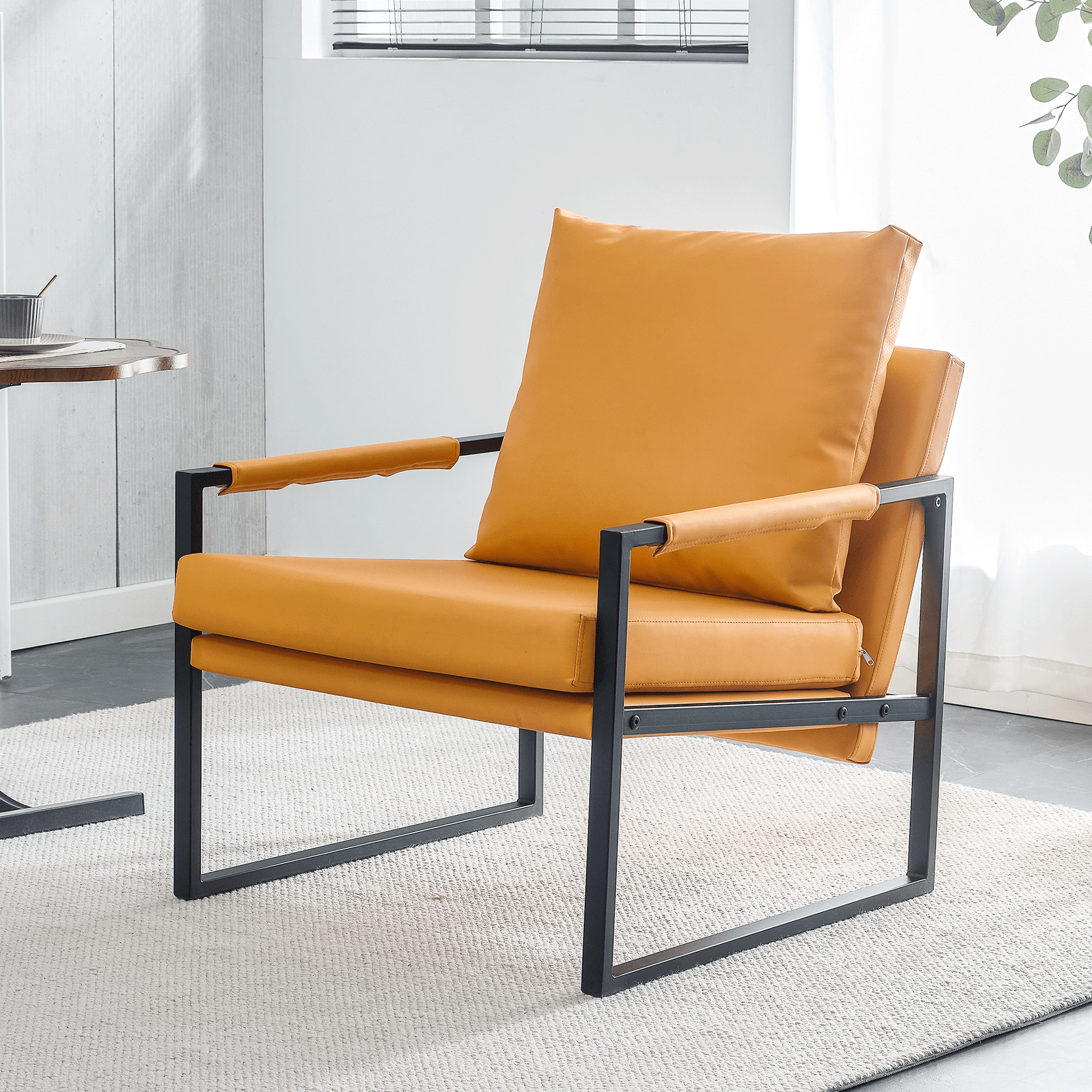 PU Leather Accent Arm Chair Mid Century Upholstered Armchair with Metal Frame Extra-Thick Padded Backrest - FurniFindUSA