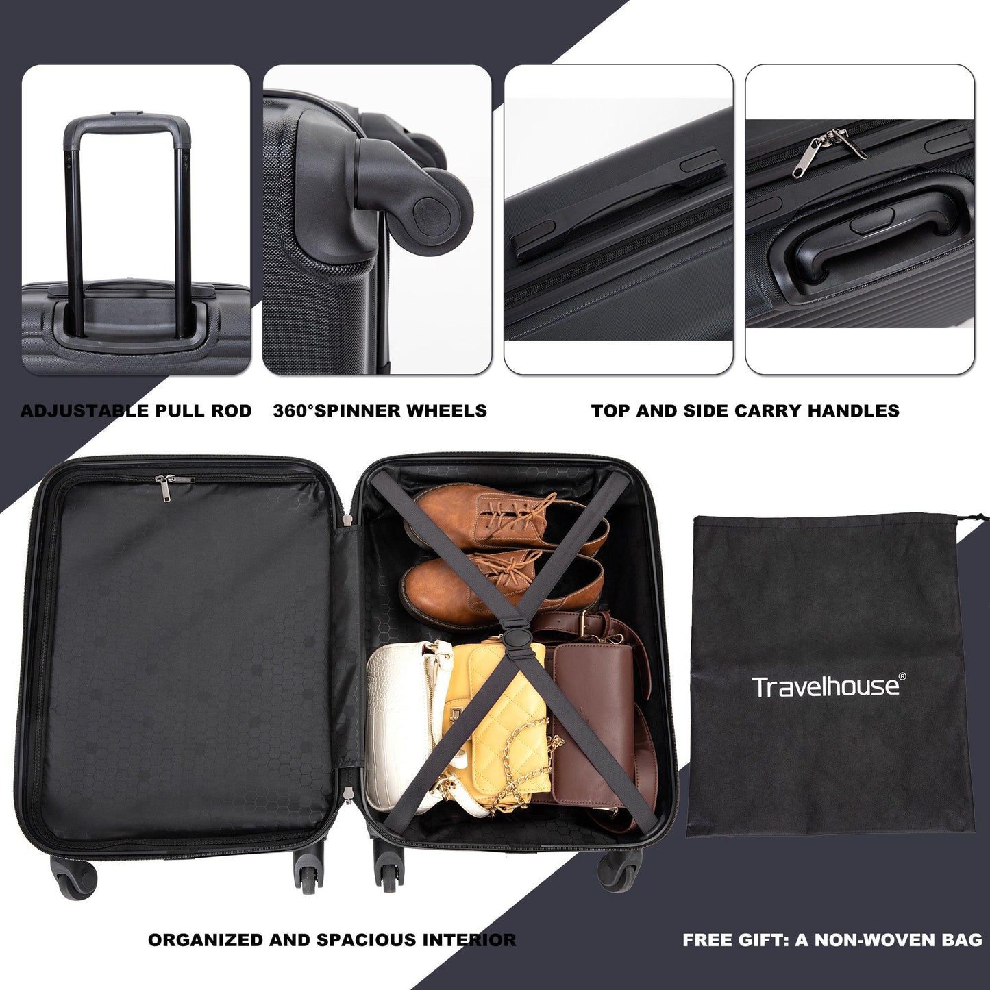 20" Carry on Luggage Lightweight Suitcase, Spinner Wheels, Black - FurniFindUSA