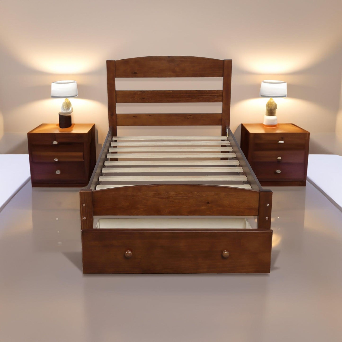 Platform Twin Bed Frame with Storage Drawer and Wood Slat Support No Box Spring Needed Walnut - FurniFindUSA