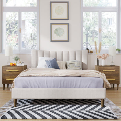 Upholstered Platform Bed Frame with Vertical Channel Tufted Headboard No Box Spring Needed Queen Cream - FurniFindUSA