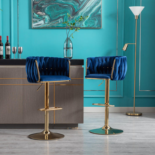 Set of 2 Bar Stools with Chrome Footrest and Base Swivel Height Velvet + Golden Leg Simple Bar Stool-Navy - FurniFindUSA