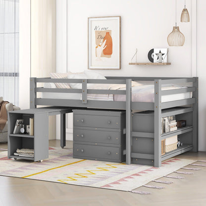 Low Study Full Loft Bed with Cabinet Shelves and Rolling Portable Desk Multiple Functions Bed- Gray - FurniFindUSA