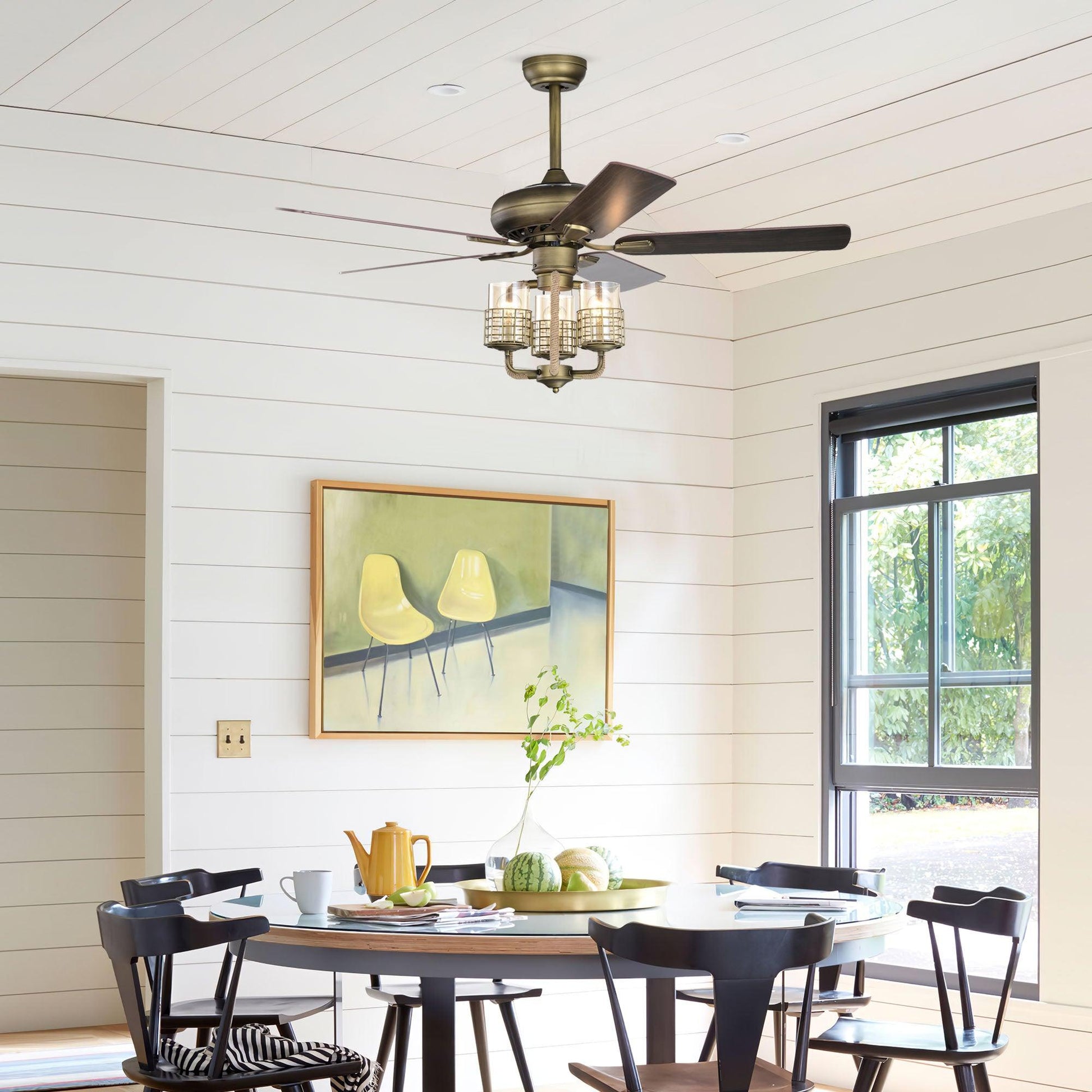 52inch Bronze Metal 3 Lights Ceiling Fan with 5 Wood Blades, Two-color fan blade, AC Motor, Remote Control, Reversible Airflow - FurniFindUSA