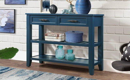 Console Sofa Table with 2 Storage Drawers and 2 Tiers Shelves Mid-Century Style 42'' Solid Wood Buffet Sideboard Navy Blue - FurniFindUSA