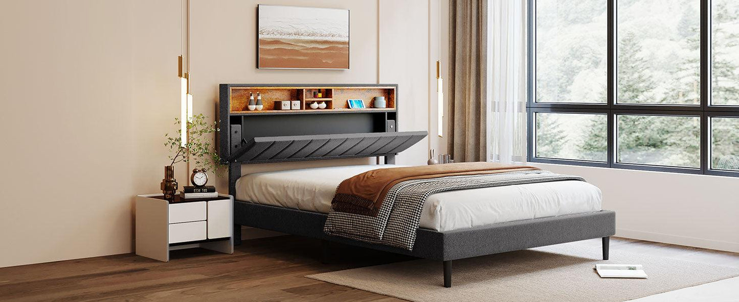 Queen Size Upholstered Platform Bed with Storage Headboard and USB Port Linen Fabric Upholstered Bed (Gray) - FurniFindUSA