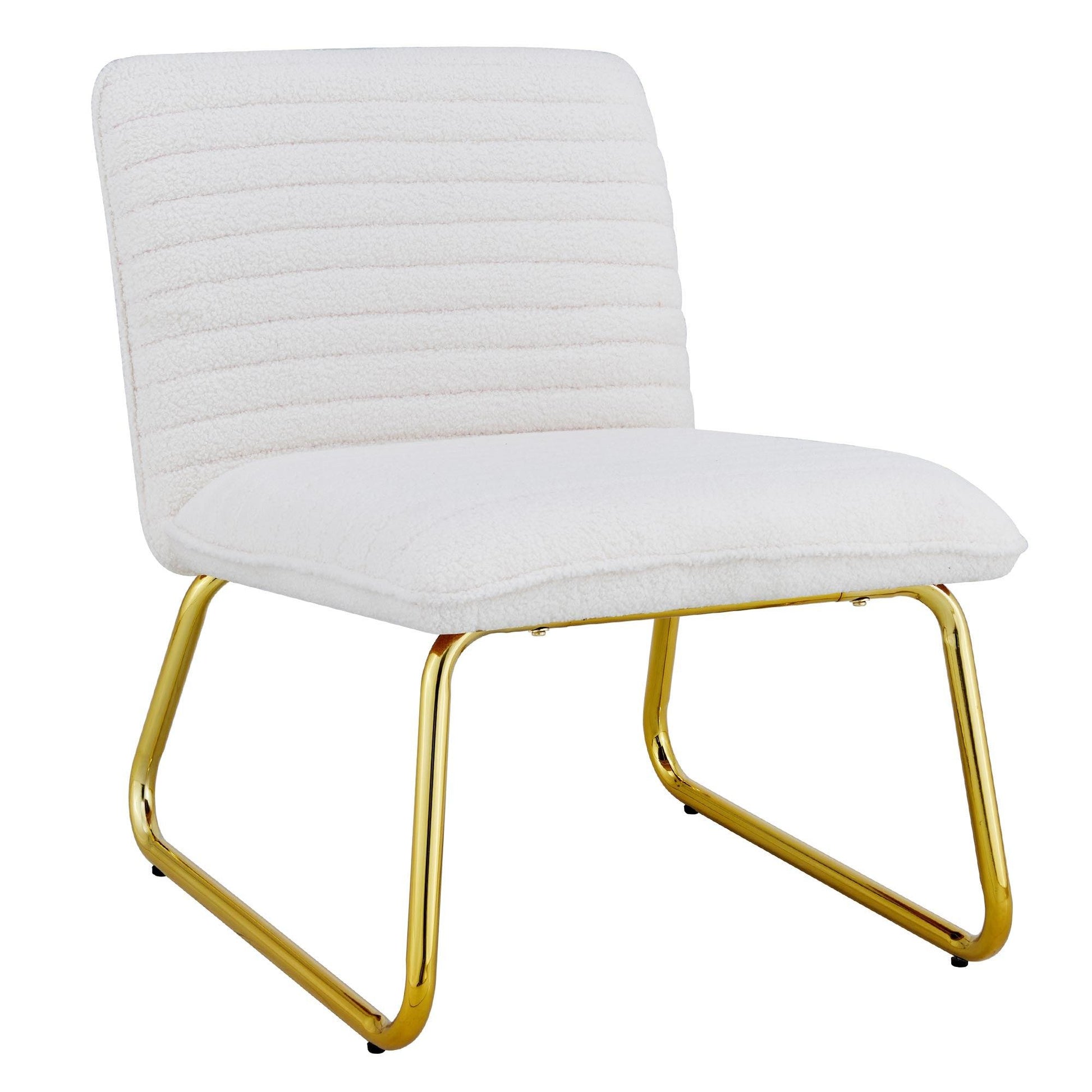 One White minimalist armless sofa chair with plush cushion and backrest paired with golden metal legs - FurniFindUSA