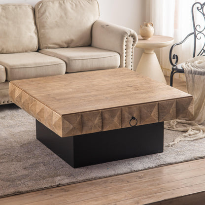 41.73"Three-dimensional Embossed Pattern Square Retro Coffee Table with 2 Drawers and MDF Base - FurniFindUSA