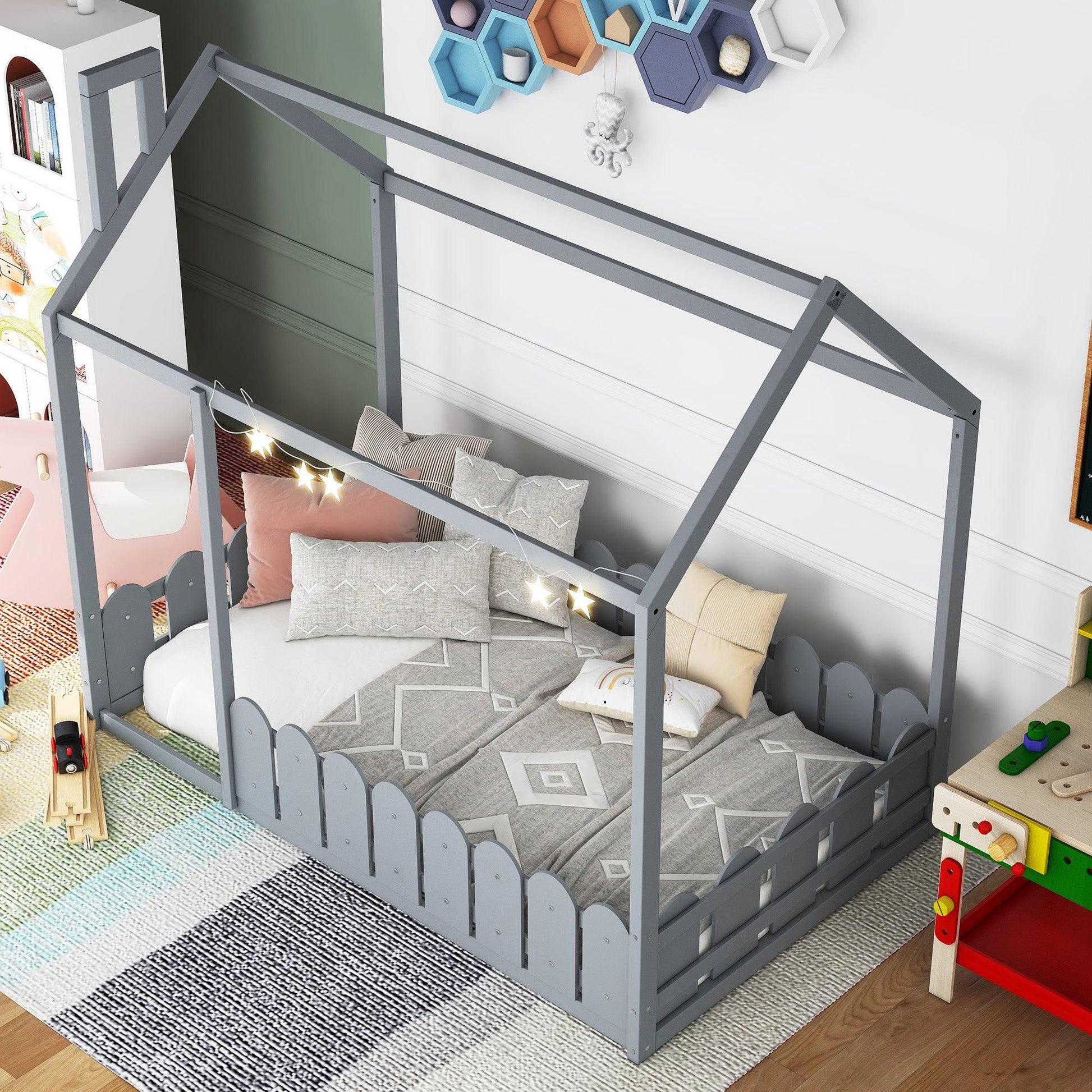 {Slats are not included}Twin Size Wood Bed House Bed Frame with Fence for Kids Teens Girls Boys {Gray} - FurniFindUSA