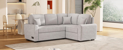 87.4"Sectional Sleeper Sofa with USB Charging Port and Plug Outlet Pull-Out Sofa Bed with 3 Pillows Grey - FurniFindUSA