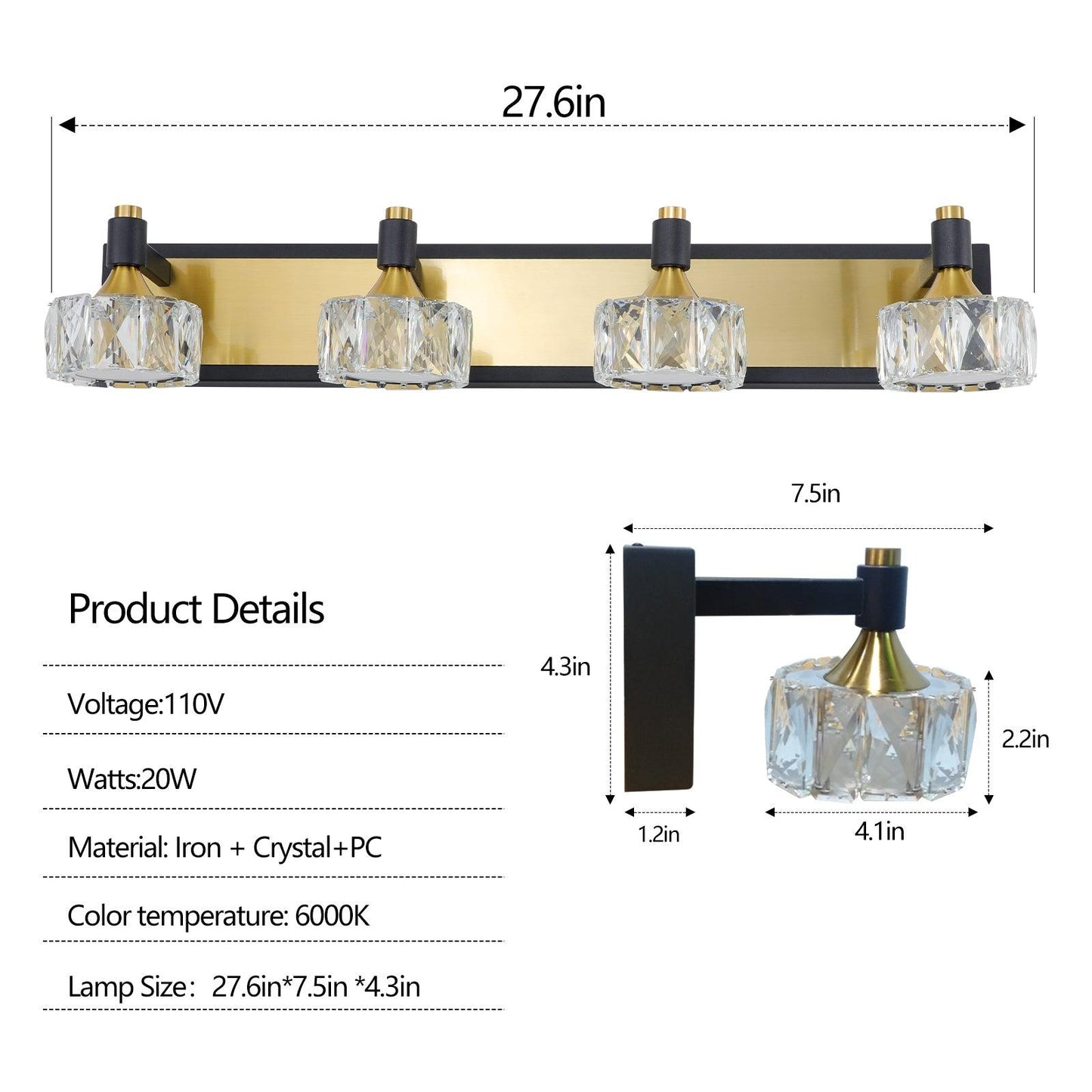 LED 4-Light Modern Crystal Bathroom Vanity Light Over Mirror Bath Wall Lighting Fixtures - FurniFindUSA