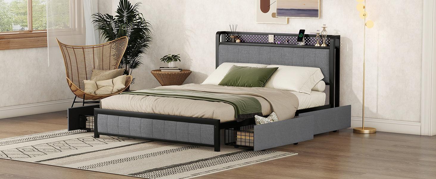 Queen Bed Frame with LED Headboard Upholstered Bed with 4 Storage Drawers and USB Ports Light Grey - FurniFindUSA