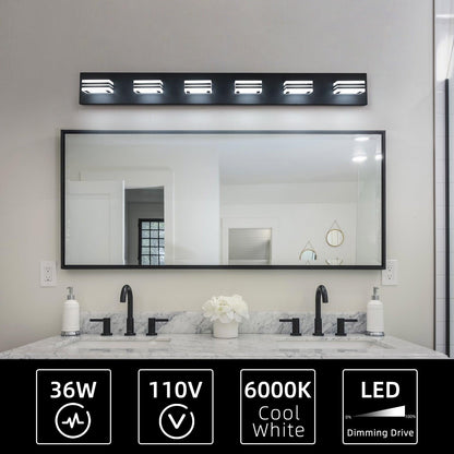 LED Modern Black Vanity Lights, 6-Lights Acrylic Matte Black Bathroom Vanity Lights Over Mirror - FurniFindUSA