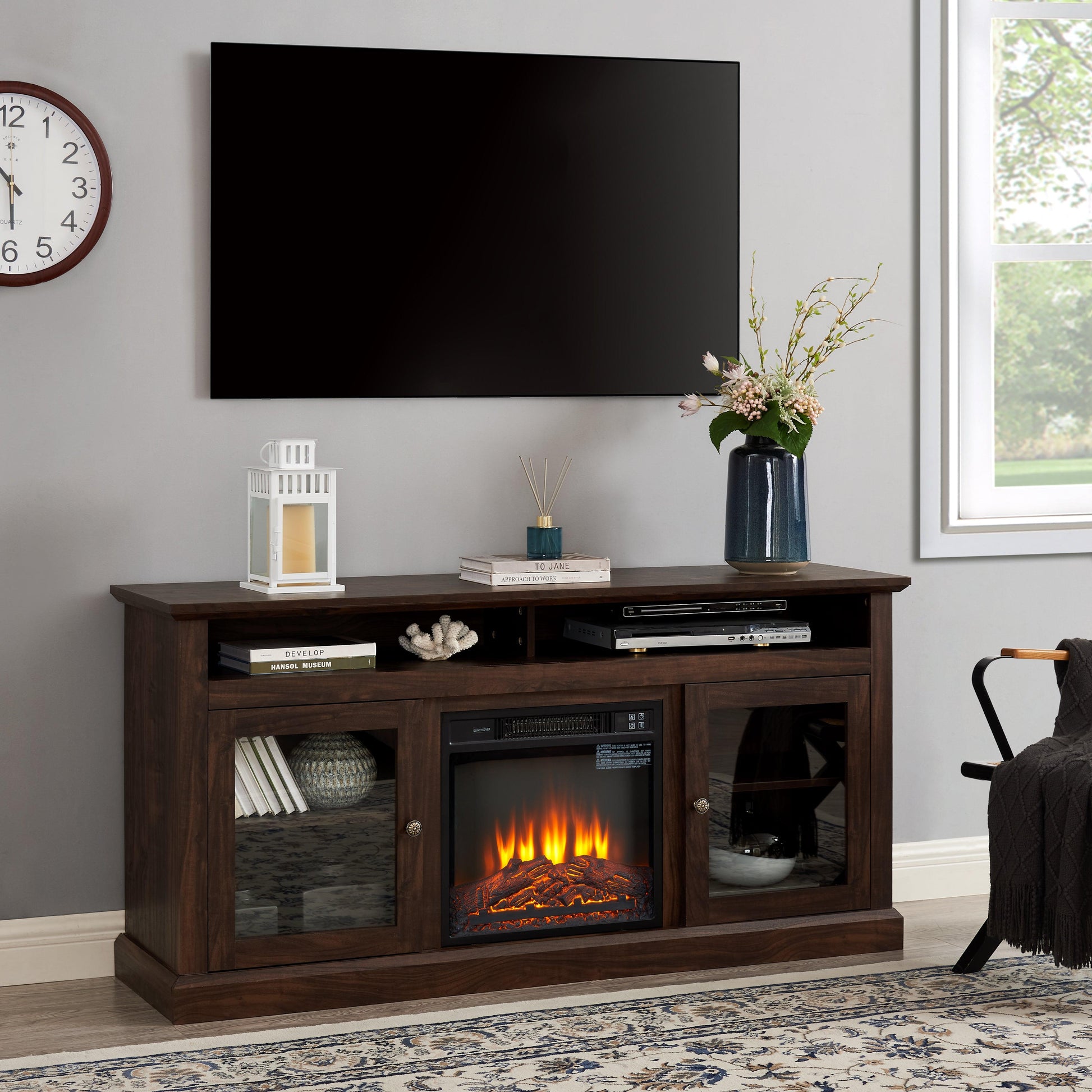 Contemporary TV Media Stand Modern Entertainment Console with 18" Fireplace Insert for TV Up to 65" with Open - FurniFindUSA