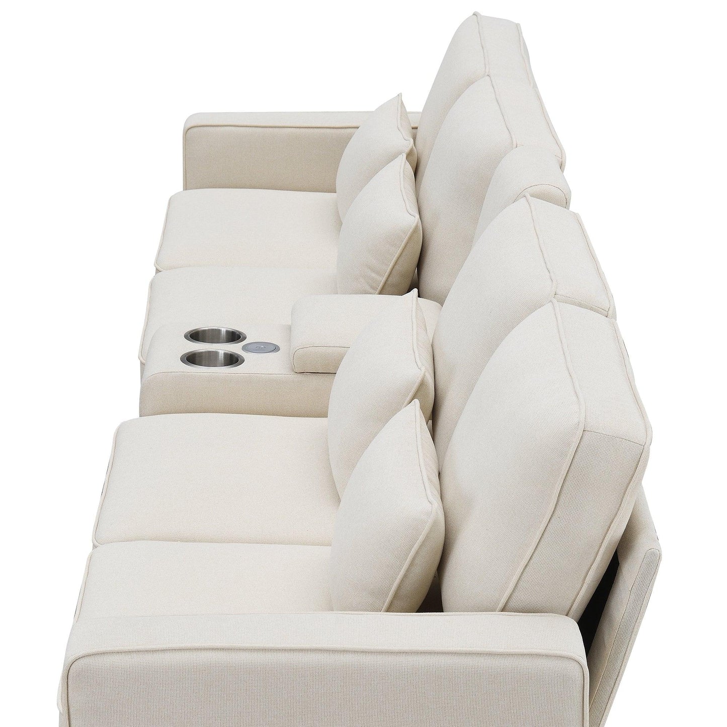 114.2" Upholstered Sofa with Console 2 Cupholders and 2 USB Ports Wired or Wirelessly Charged (4-Seat) - FurniFindUSA