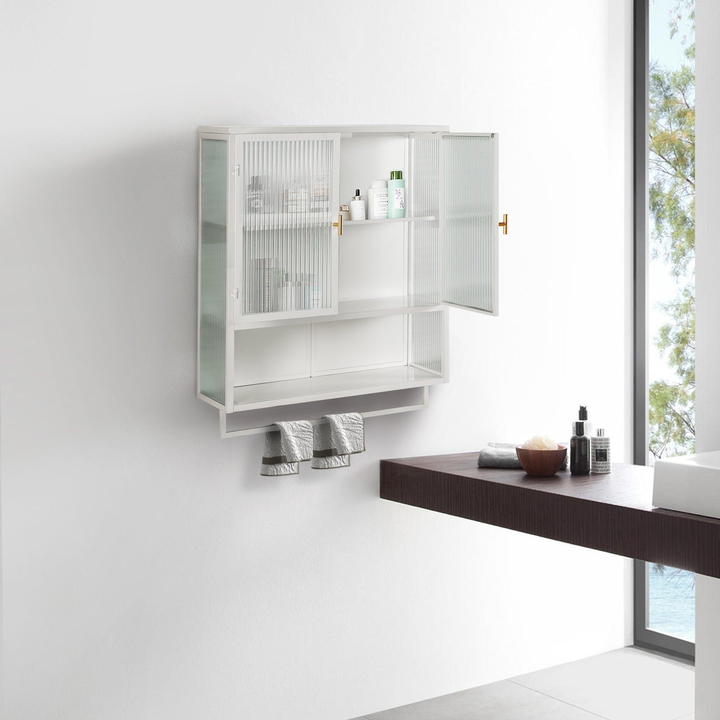 23.62"Glass Doors Modern Two-door Wall Cabinet with Featuring Two-tier Enclosed Storage an Open Shelf and Towel Rack - FurniFindUSA