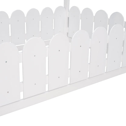 {Slats are not included}Twin Size Wood Bed House Bed Frame with Fence for KidsTeens Girls Boys {White} - FurniFindUSA