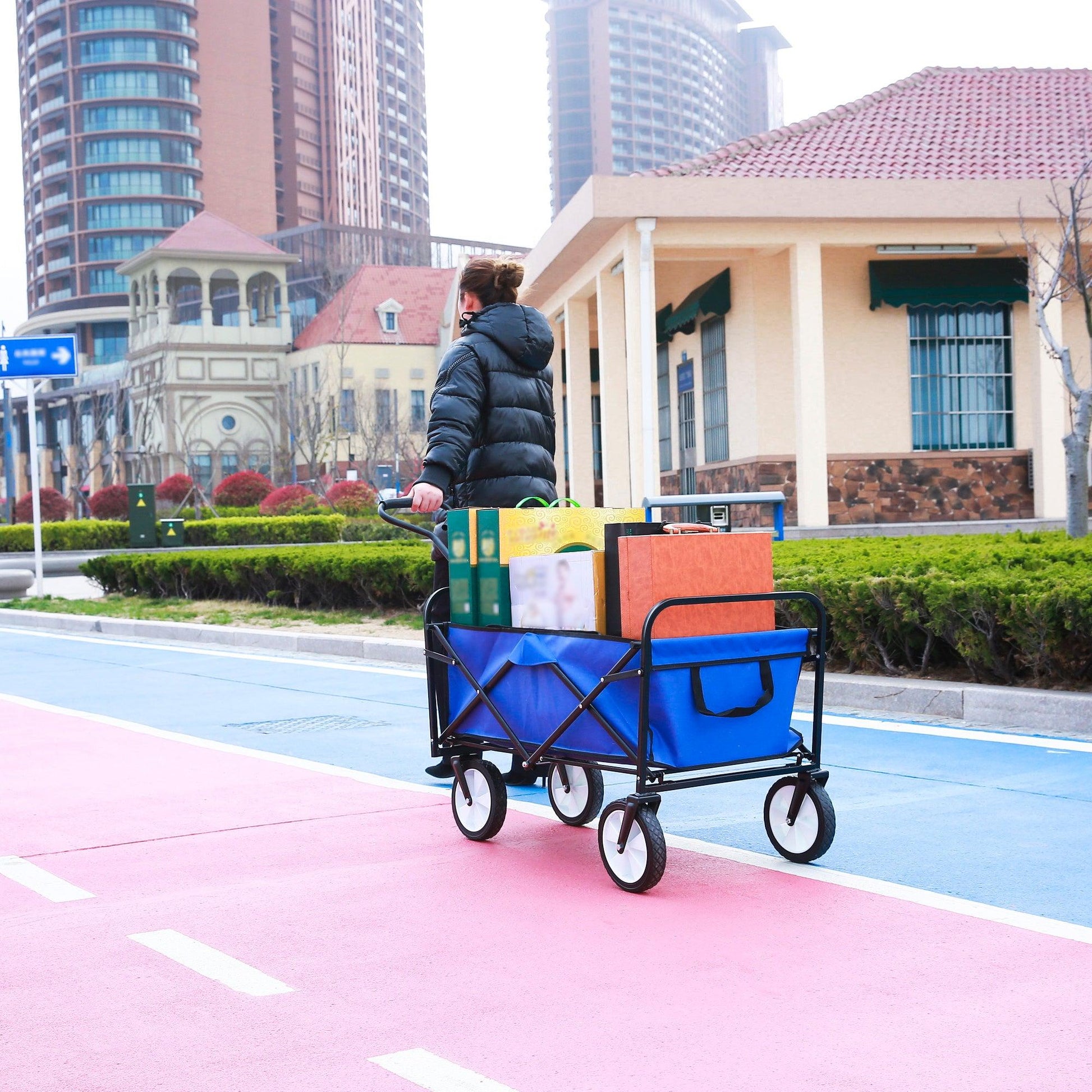 Folding Wagon Garden Shopping Beach Cart (Blue) - FurniFindUSA