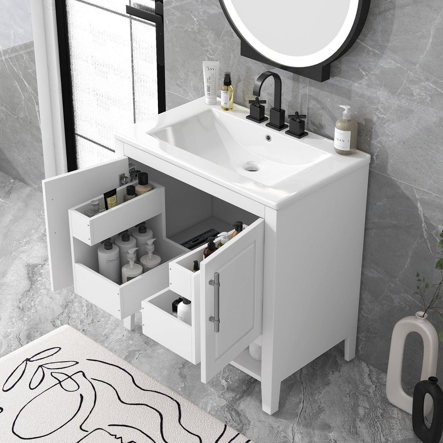 30" Bathroom Vanity with Sink Multi-functional Bathroom Cabinet with Doors and Drawers Solid Frame and MDF Board, White - FurniFindUSA