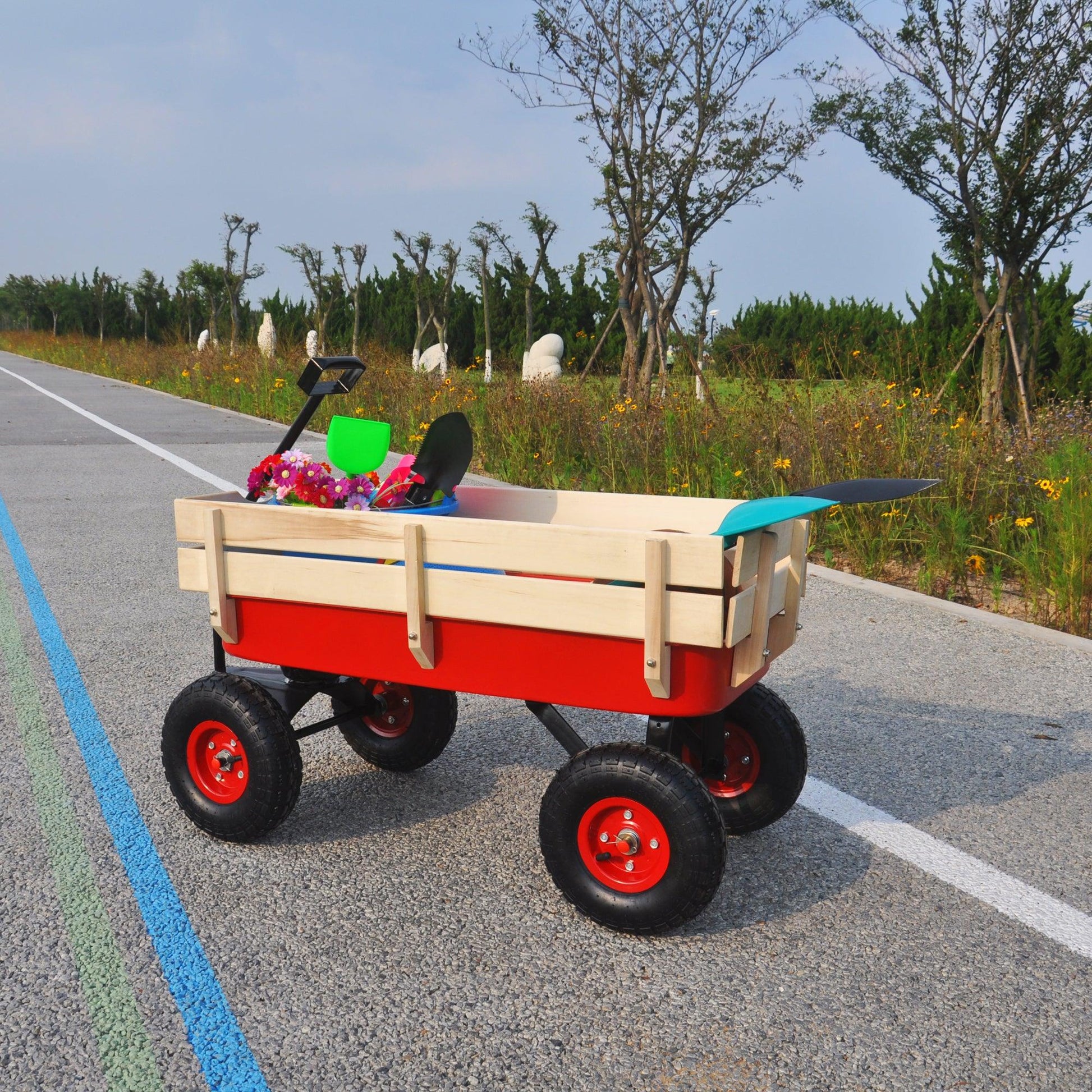 Outdoor Wagon All Terrain Pulling w/Wood Railing Air Tires Children Kid Garden（Red） - FurniFindUSA