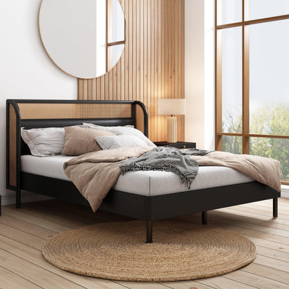 Modern Cannage Rattan Wood Platform Queen Bed Black - FurniFindUSA