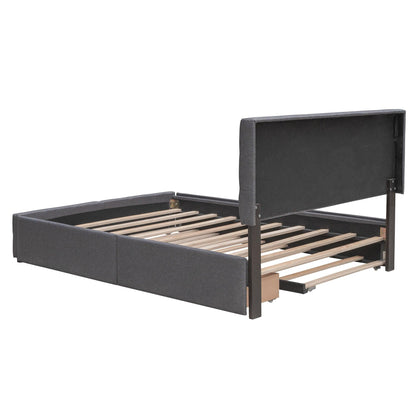 Upholstered Platform Bed with 2 Drawers and 1 Twin XL Trundle Linen Fabric Queen Size - Dark Gray - FurniFindUSA