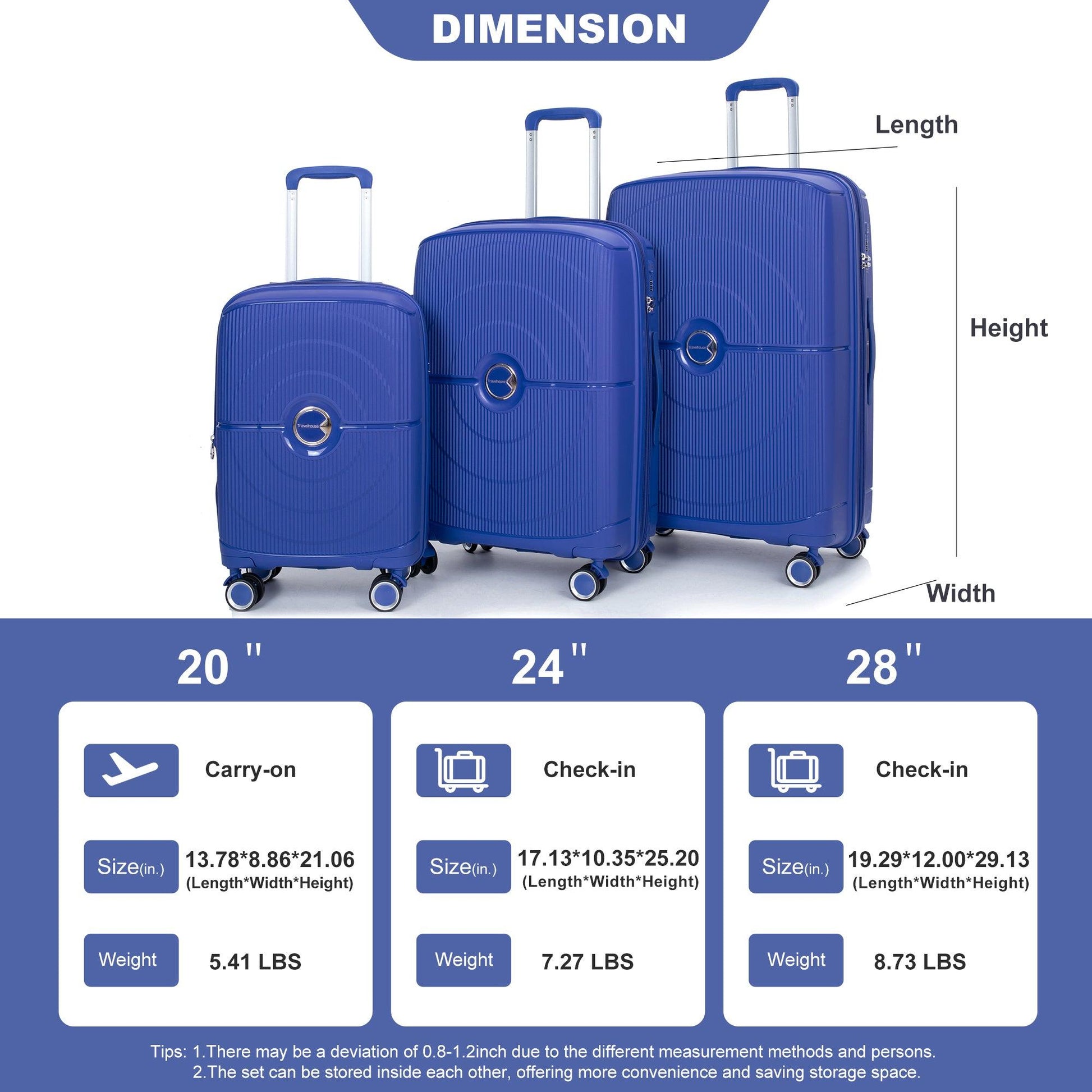 Expandable Hardshell Suitcase Double Spinner Wheels PP Luggage Sets Lightweight Durable ,3-Piece Set (20/24/28) ,Navy - FurniFindUSA