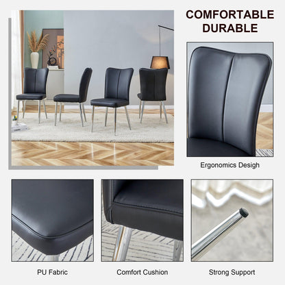 Modern minimalist dining chairs black PU leather curved backrest and cushion black metal semi matte chair legs - FurniFindUSA