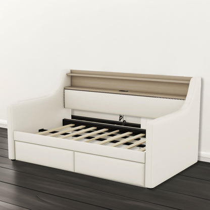 Twin Size Daybed with Storage Drawers Upholstered Daybed with Charging Station and LED Lights Beige - FurniFindUSA