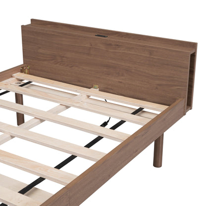 Modern Design Twin Size Platform Bed Frame with Built-in USB port for Walnut Color - FurniFindUSA