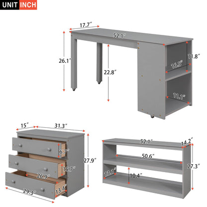 Low Study Full Loft Bed with Cabinet Shelves and Rolling Portable Desk Multiple Functions Bed- Gray - FurniFindUSA