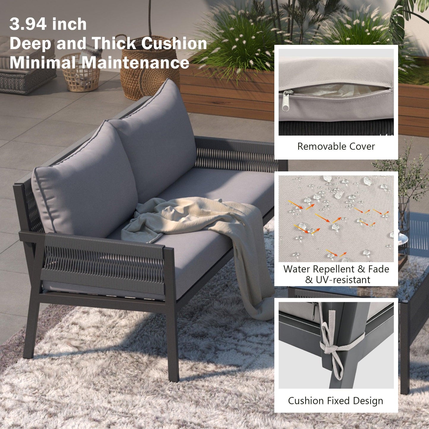 Outdoor Furniture with Tempered Glass Table Deep Seating with Thick Cushion for Backyard Porch Balcony (Grey) - FurniFindUSA