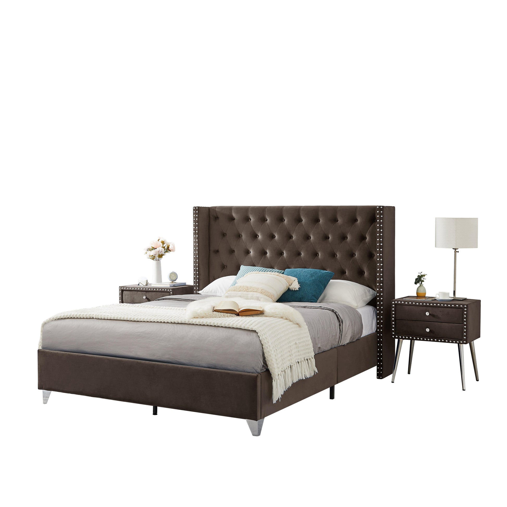 B100S Queen bed with one nightstand Button designed Headboard strong wooden slats + metal legs with Electroplate - FurniFindUSA