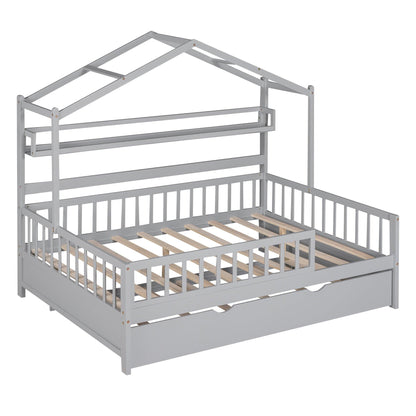 Wooden Full Size House Bed with Twin Size Trundle Kids Bed with Shelf Gray - FurniFindUSA