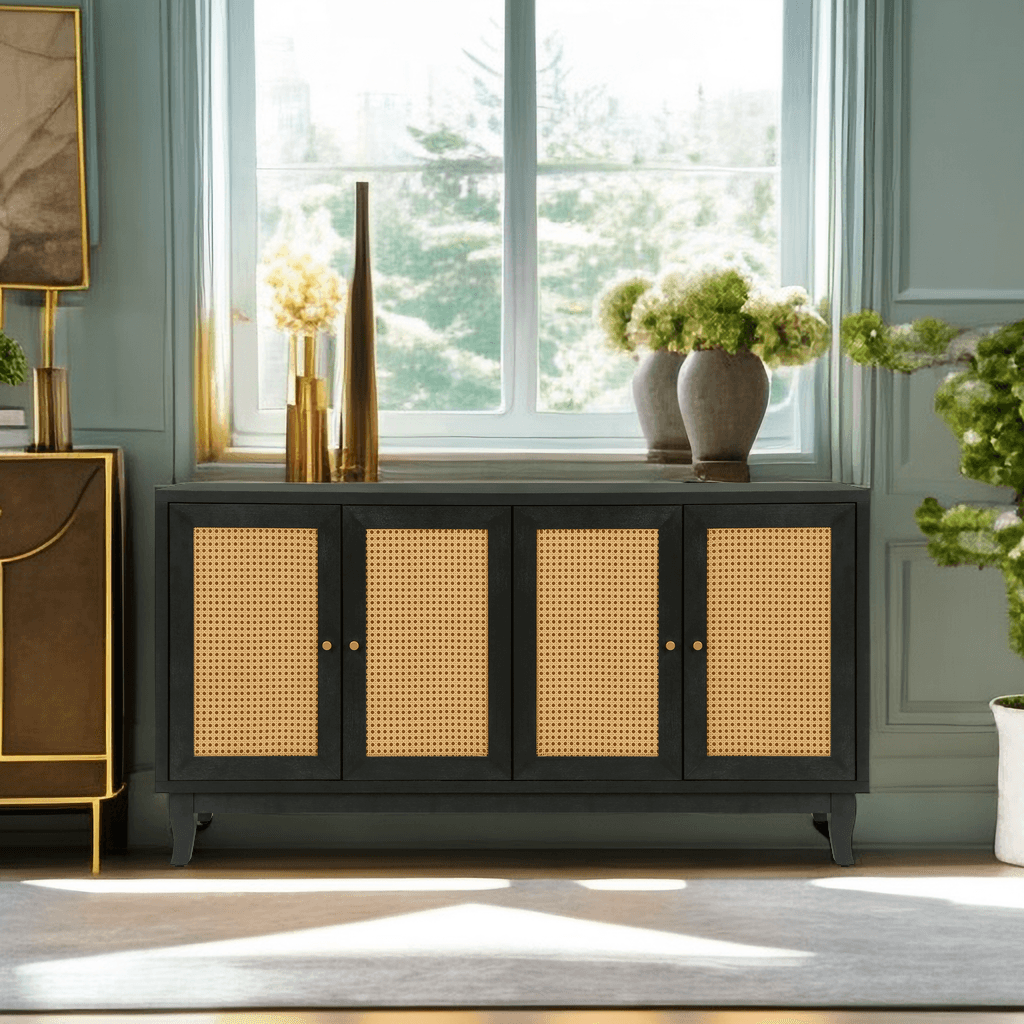 Handcrafted Premium Grain Panels Rattan Sideboard Buffer Cabinet Accent Storage Cabinet With 4 Rattan Doors BLACK - FurniFindUSA