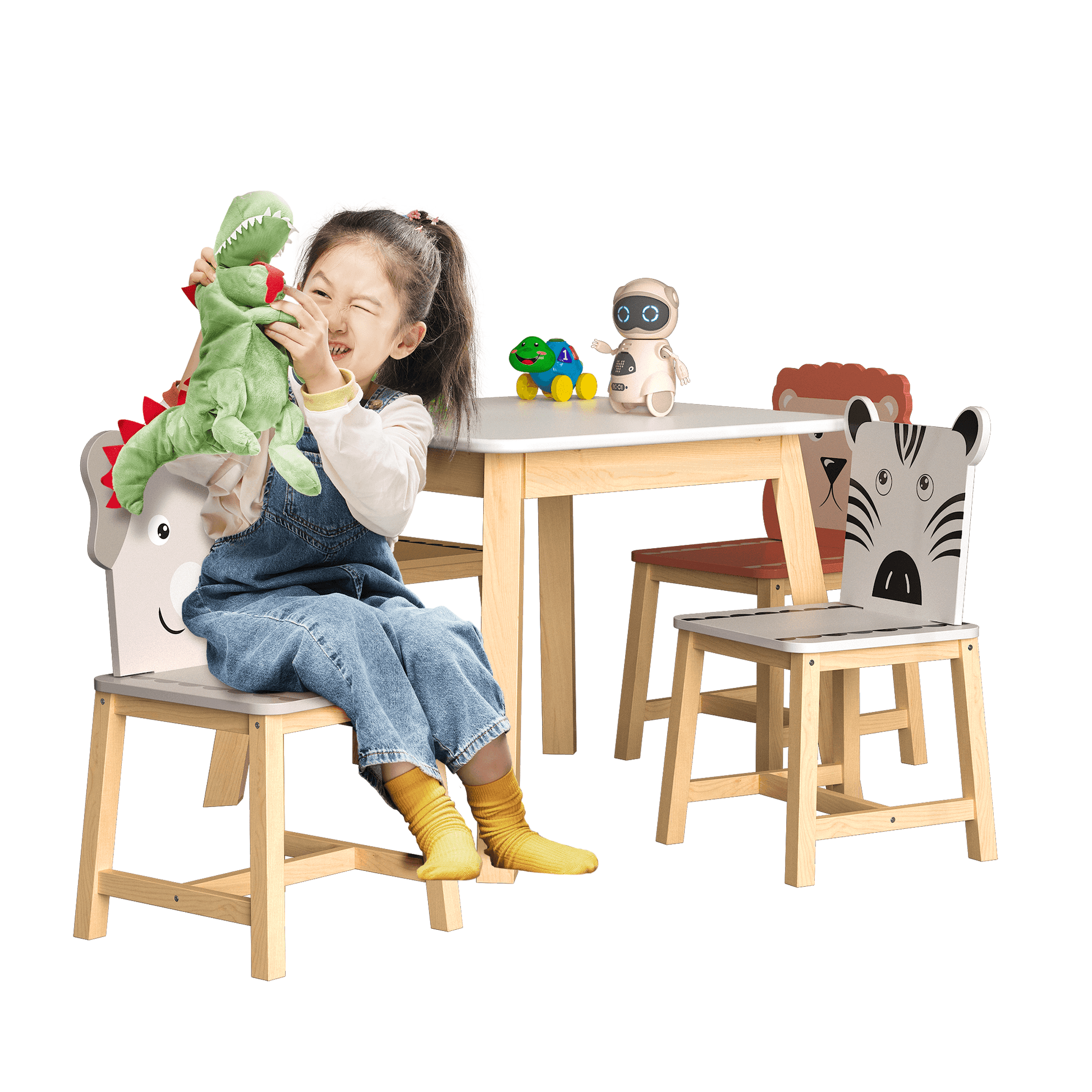 5 Piece Kiddy Table and Chair Set Kids Wood Table with 4 Chairs Set Cartoon Animals (bigger table) (3-8 years old) - FurniFindUSA