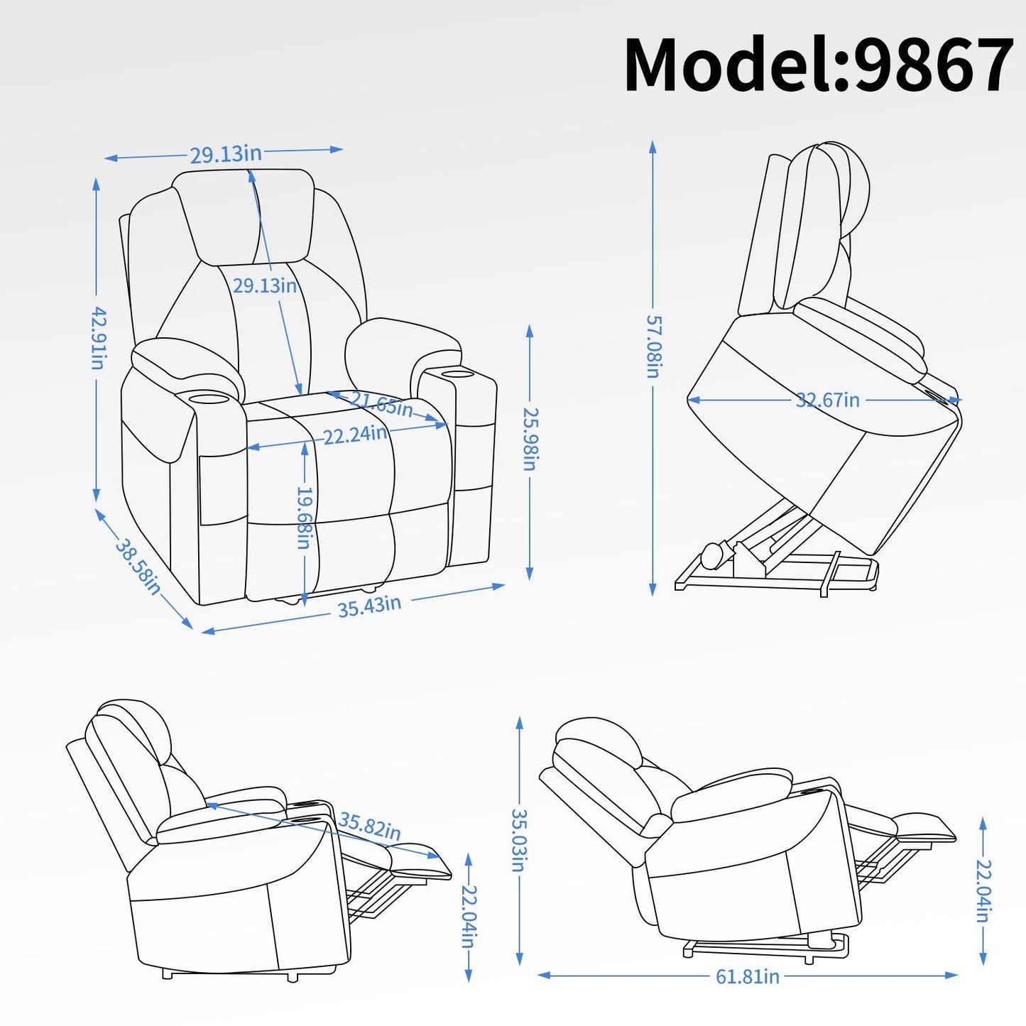 Okin motor Up to 350 LBS Chenille Power Lift Recliner Chair Blue - FurniFindUSA