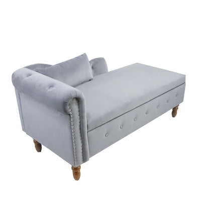 Grey Chaise Lounge Indoor Velvet Lounge Chair for Bedroom with Storage & Pillow Modern Upholstered Rolled Arm Chase Lounge - FurniFindUSA