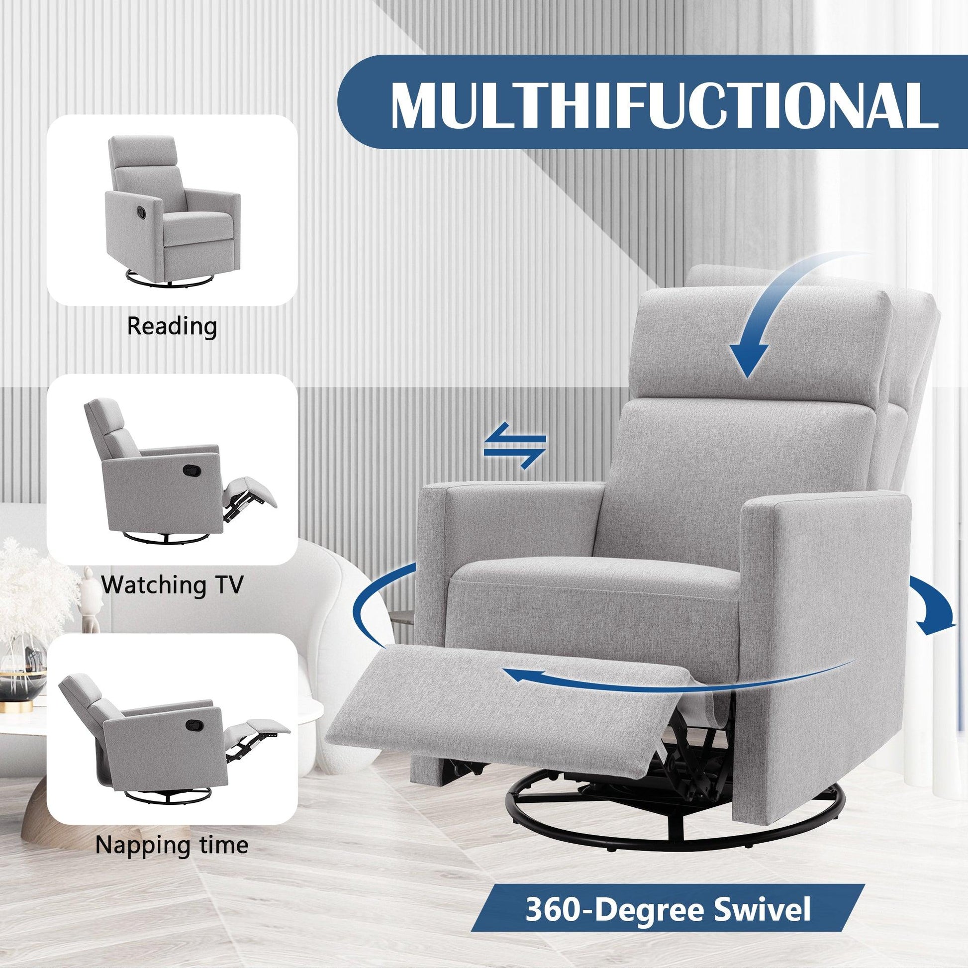 Modern Upholstered Rocker Nursery Chair Plush Seating Glider Swivel Recliner Chair Gray - FurniFindUSA