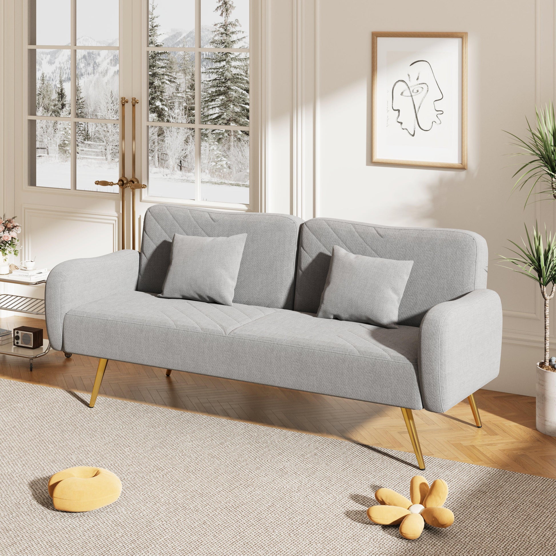 70.47" Gray Fabric Double Sofa with Split Backrest and Two Throw Pillows - FurniFindUSA