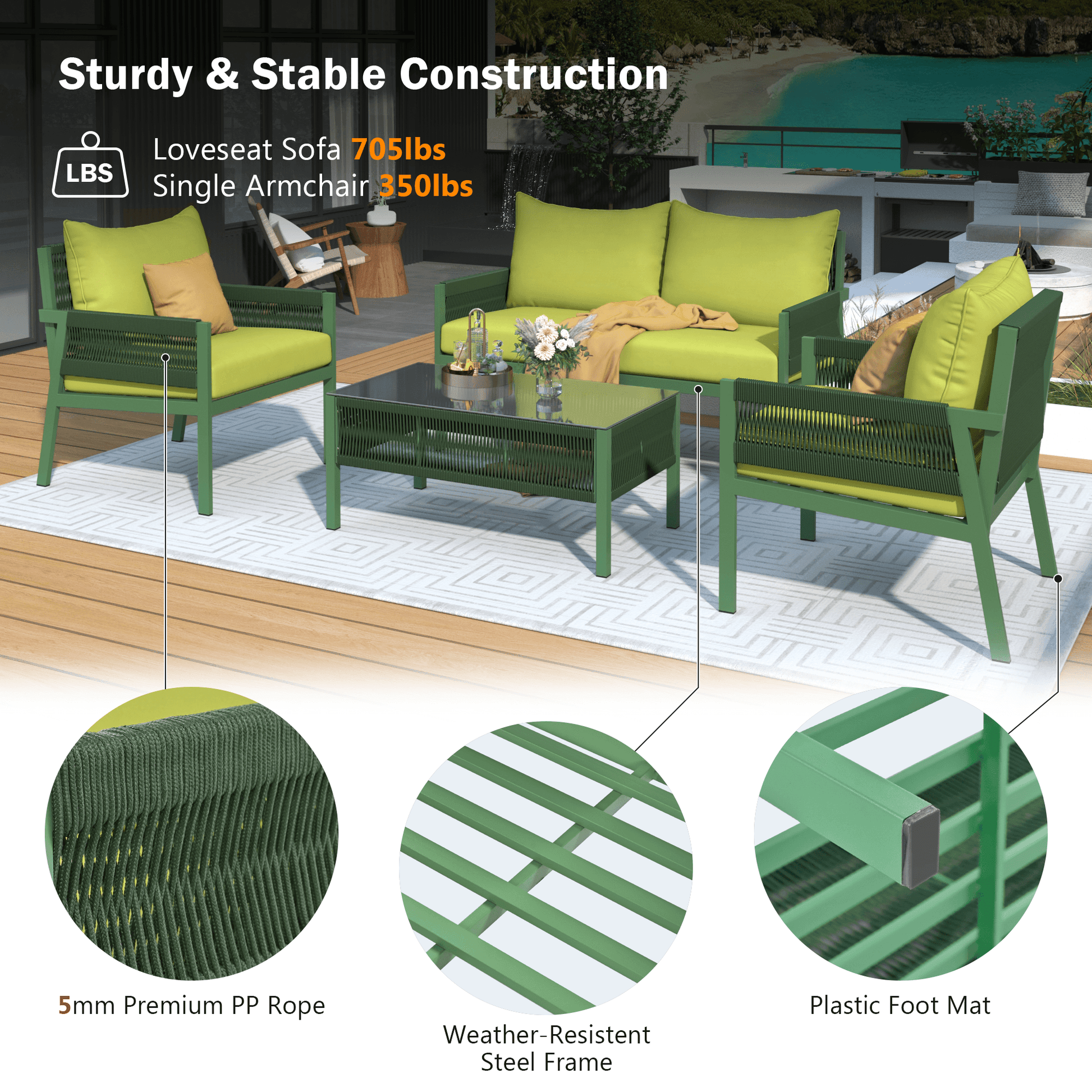 Outdoor Furniture with Tempered Glass Table, Set Deep Seating with Thick Cushion (Fluorescent Yellow & Green) - FurniFindUSA