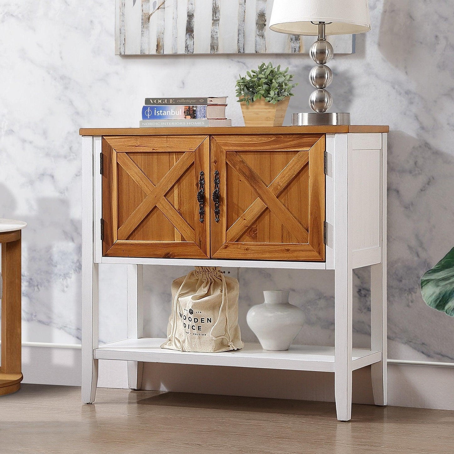 35''Farmhouse Wood Buffet Sideboard Console Table (Antique White + Natural Acacia Top & Door) - FurniFindUSA