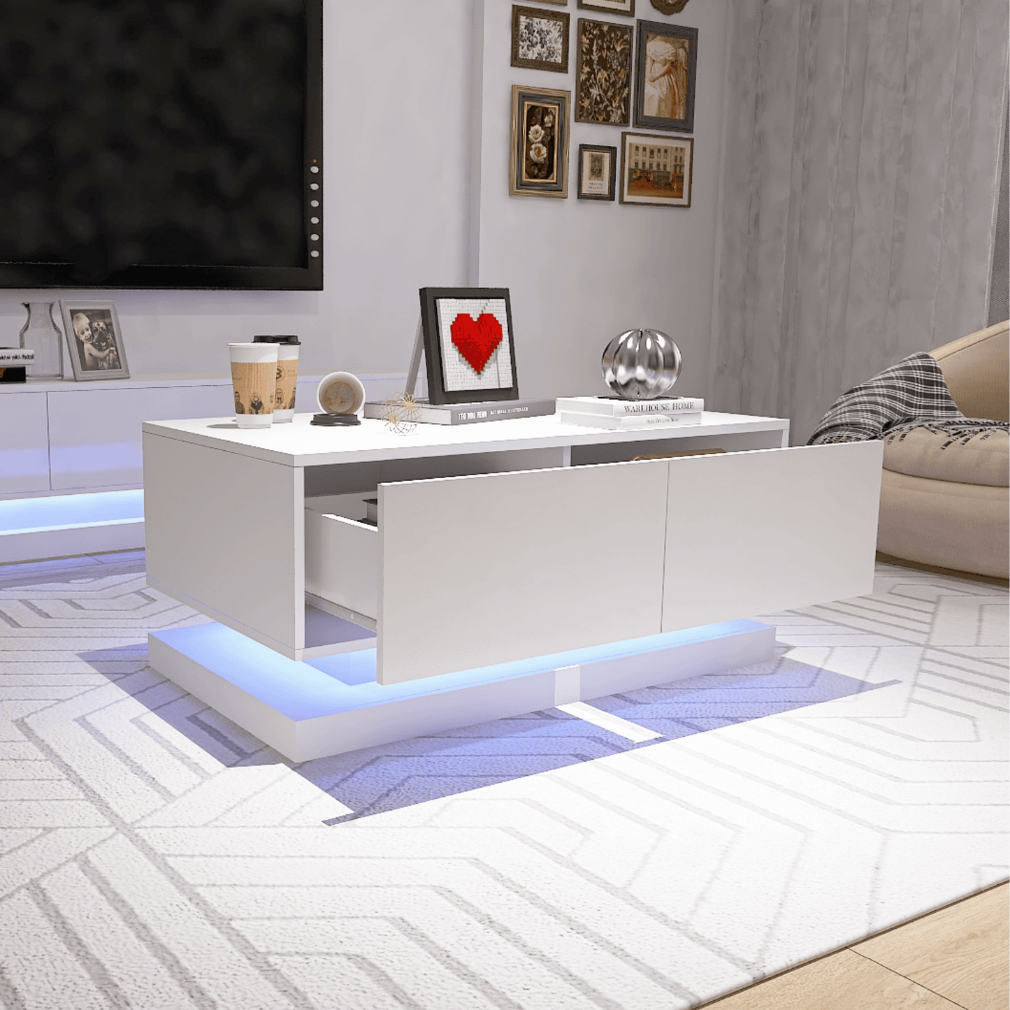 High Glossy Coffee Table with 2 Drawers have RGB Led Light with Buletooth Control - FurniFindUSA