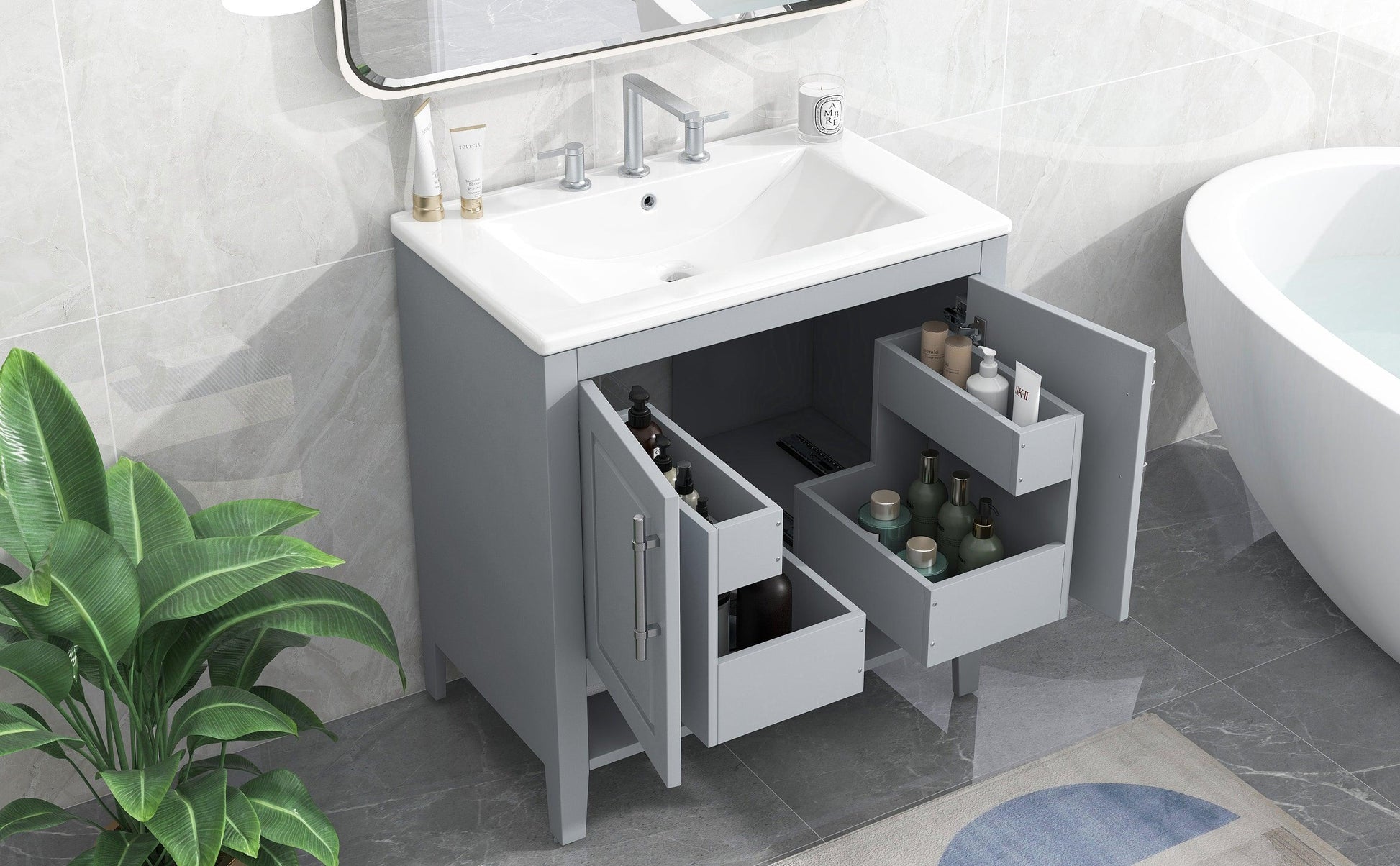 30" Bathroom Vanity with Sink, Multi-functional Bathroom Cabinet with Doors and Drawers, Solid Frame and MDF Board, Grey - FurniFindUSA