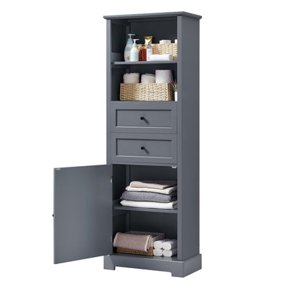 Bathroom Storage Cabinet, Tall Storage Cabinet with Two Drawers, Open Storage, Adjustable Shelf, Grey - FurniFindUSA