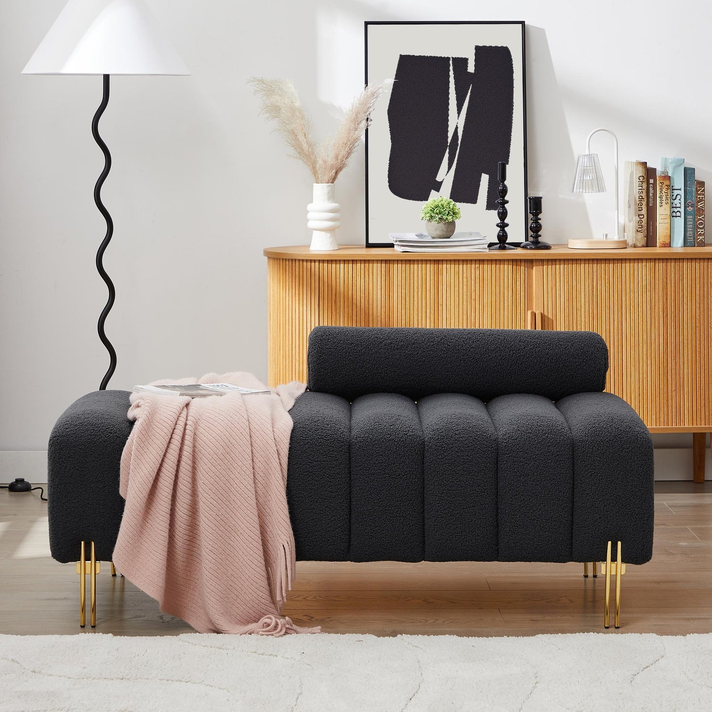 Modern End of Bed Bench Upholstered Teddy Entryway Ottoman Bench Fuzzy Sofa Stool Footrest Window Bench with Gold Metal Legs for Bedroom Apartments - FurniFindUSA