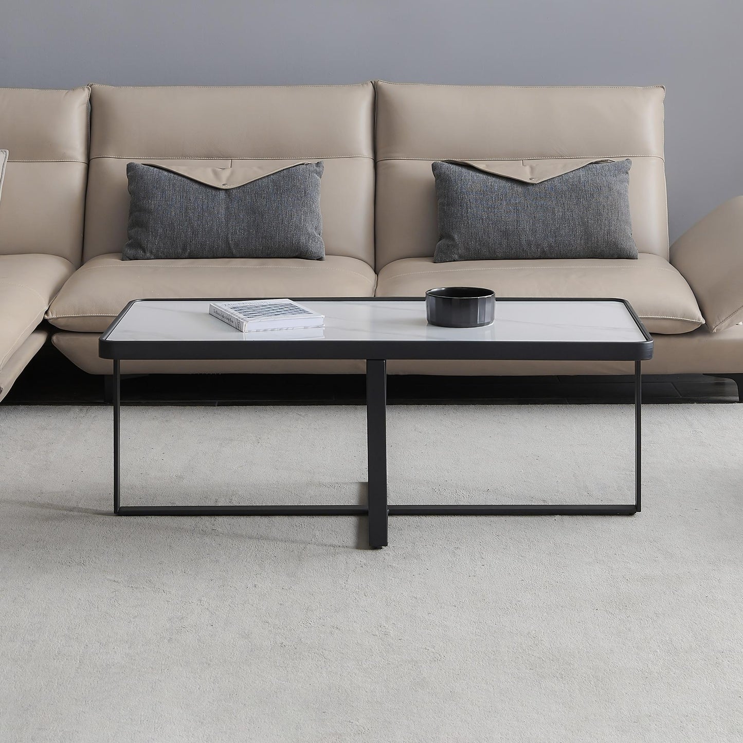 Minimalism rectangle coffee table,Black metal frame with sintered stone tabletop